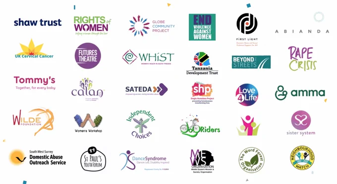 Image shows logos for:
Abianda
Amma Birth Companions
Beyond the Streets
Calan Domestic Violence Services
DanceSyndrome
End Violence Against Women
First Light South West
Futures Theatre Company
Globe Community Project
Independent Choices Greater Manchester
JoyRiders Britain
MEWSo
Neighbourhood Watch Network
Rape Crisis England and Wales
Rights of Women
SATEDA
Shaw Trust
Single Homeless Project
Sister System
South West Surrey Domestic Abuse (SWSDA)
St Pauls Youth Forum
Tanzania Development Trust
The WILDE Foundation
The Word Forest Organisation
Together Women
Tommy's
TwentyTwenty (Love4Life)
UK Cervical Cancer
Women's Health in South Tyneside
Women's Workshop
