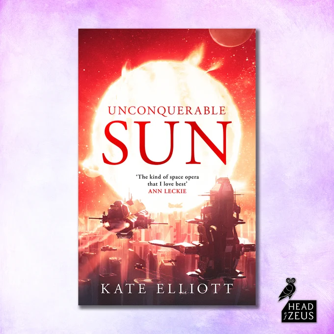 the cover shows two space ships flying towards a huge sun, underneath them is a city filled with skyscrapers with other ships flying between them. It is on a purple background with the head of zeus logo in the bottom right. 