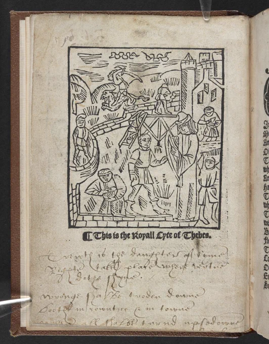 Woodcut titled 'This is the Royall Cyte of Thebes' from the early printed book 'Siege of Thebes', by Lydgate, John; ca. 1494, publisher: Wynkyn de Worde, British Library