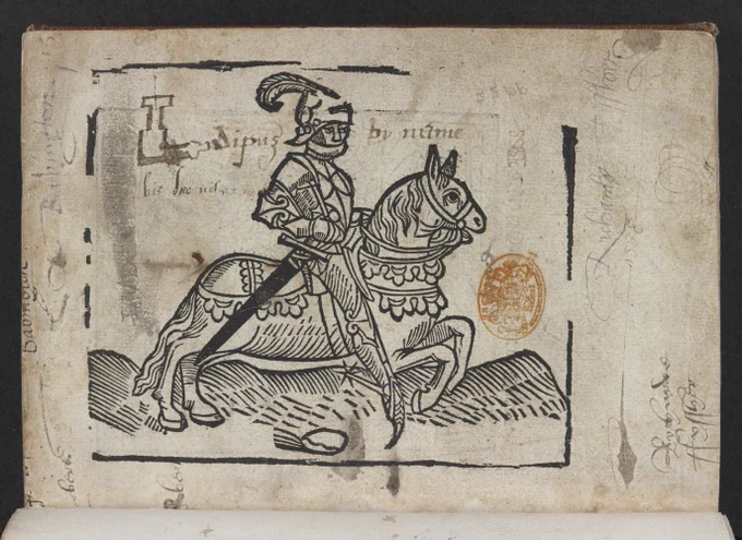 Woodcut of a Knight on a charger; from early printed book 'Siege of Thebes', by Lydgate, John; ca. 1494, publisher: Wynkyn de Worde, British Library