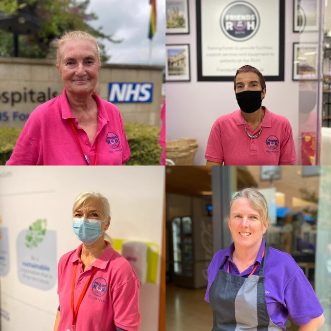 Image shows four women who are wearing volunteer or staff uniform from the Friends of the RUH