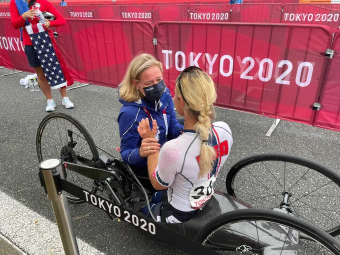 USOPC CEO Sarah Hirshland embraces Oksana Masters after her competition at the Tokyo 2020 Paralympic Games