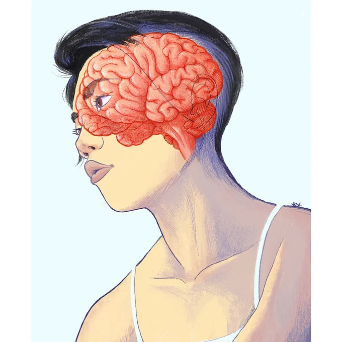 Aimy Meng Yu Wang's digital neuro self-portrait uses a coloured-pencil style inspired by Lui Ferreyra, with texture inspired by woodcuts.