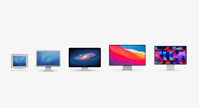 From left to right: the original Apple Studio Display, Apple Cinema Display, Cinema Display, Pro Display XDR, and Studio Display.