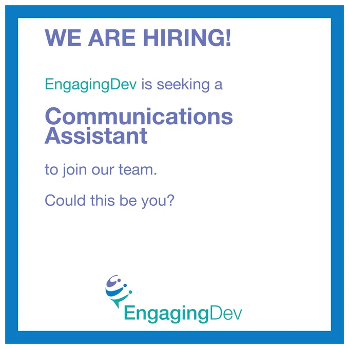 We are hiring. EngagingDev is seeking a Communications Assistant to join our team. Could this be you? The link to the application page and job description is provided in the tweet.
