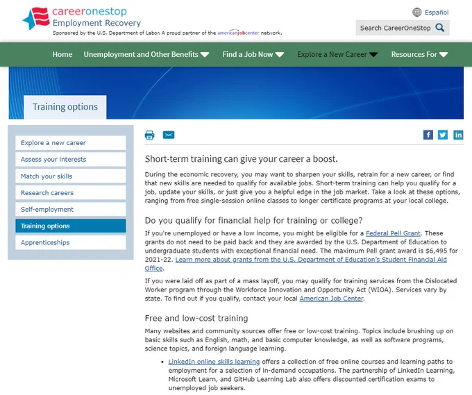 CareerOneStop's Employment Recovery site featuring training options