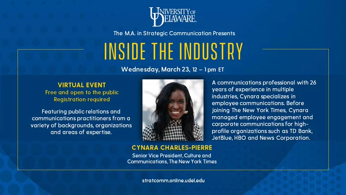 UD's M.A. in Strategic Communication presents "Inside the Industry" with Chynara Charles-Pierre on Wed, 3/23. [image of Cynara Charles-Pierre]