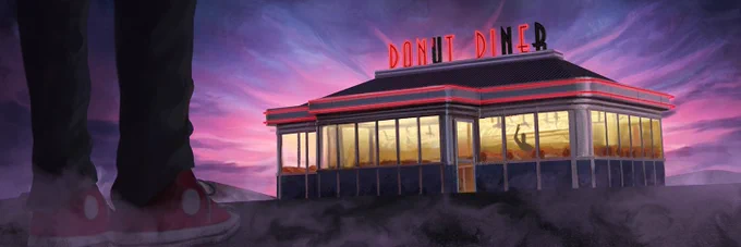 A person is standing in front of an old donut diner. There is a pink and purple sky behind the diner making it look supernatural and spooky. A silhouette of a person holding up one arm can be seen through the diner window.