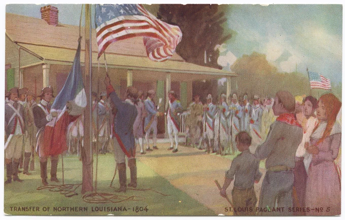 A color illustration of the exchanging of the French and U.S. flags.  Groups of soldiers are seen in front of the governor’s home, two soldiers in the foreground are exchanging the flags on a tall pole.  Citizens are watching on the right side of the image.  