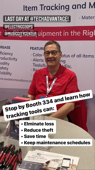 Chuck Evanhoe is sitting in our booth, 334, at the Tech Advantage expo. Wording talks about benefits of tool tracking: eliminating tool loss, reducing theft, saving time and keeping maintenance schedules.