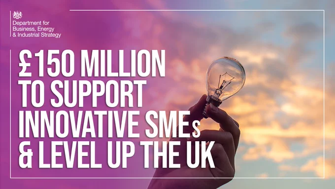 Hand holding lightbulb in front of cloud-dappled sky. Text overlaid says "£150 million to support innovative SMEs and level up the UK"