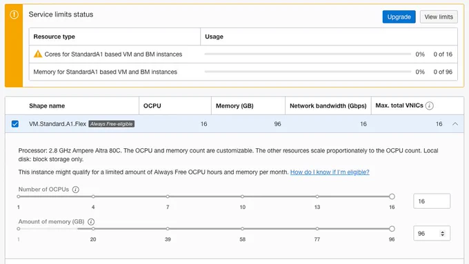 OCI create new compute instance wizard show you a live feedback about your service limits