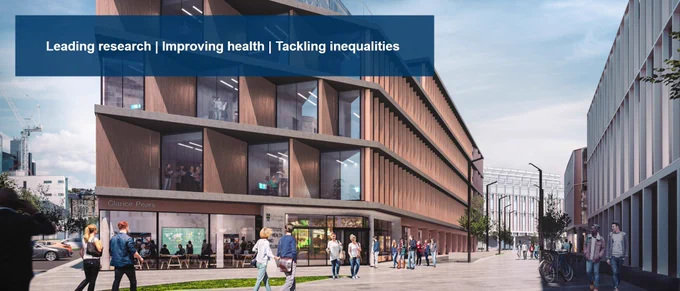 Institute of Health & Wellbeing splash image of Wolfson Building with text: Leading research, Improving health, Tackling inequalities.