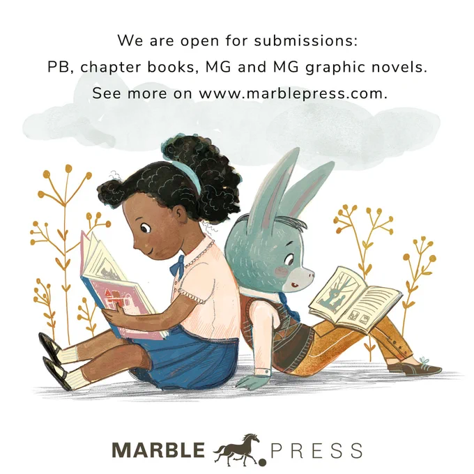 Little Black girl (age 7) is reading a book leaning her back to a cute animal who is also reading. Text says Marble Press is open for submissions, picture books, chapter books, middle grade and graphic novels more details are on www.marblepress.com