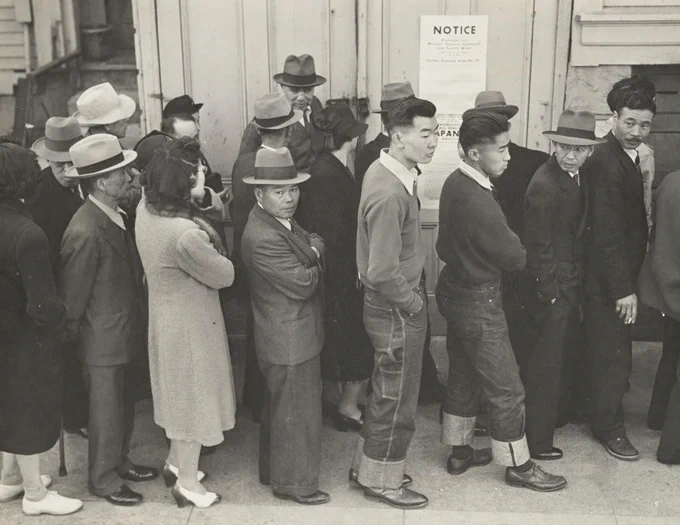 In response to the Army’s Exclusion Order No. 20, residents of Japanese ancestry appear at Civil Control Station at 2031 Bush St. for registration.

Photographer: Lange, Dorothea 
San Francisco, California
Published: 1942-04-25