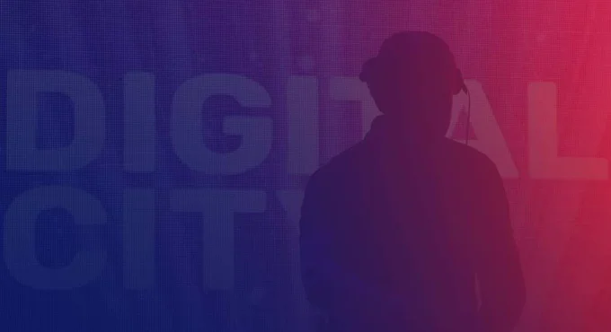 DIGITAL CITY written full image with an outline of a person on the right and background colours going from blue to red, left to right.
