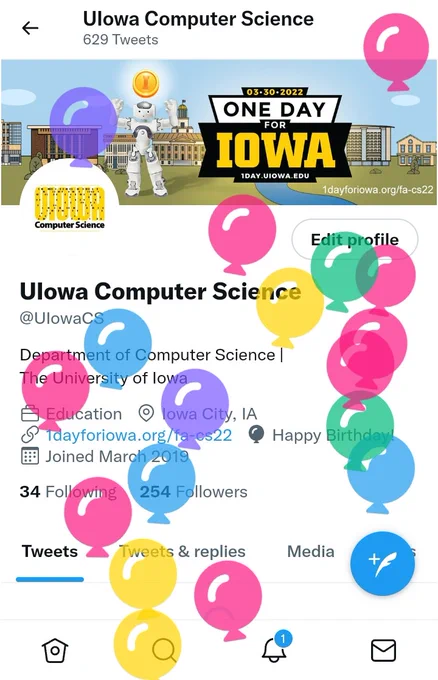 Snapshot of mobile version of our twitter account with balloons celebrating our 57th "birthday" today March 11, 2022.