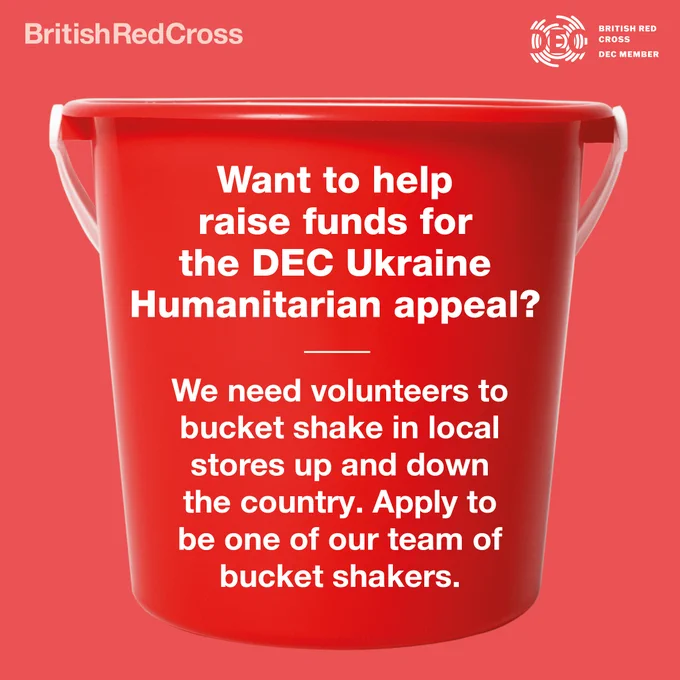  Want to help raise funds for the DEC Ukraine Humanitarian appeal? We need volunteers to bucket shake in local stores up and down the country. Apply to be one of our team of bucket shakers