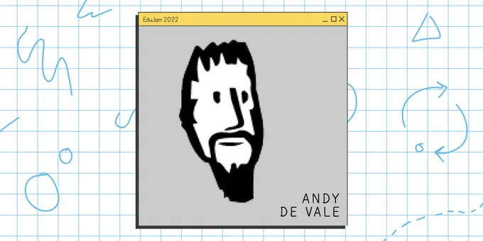 A grey tile in the centre, with a digital self portrait of Andy's face.