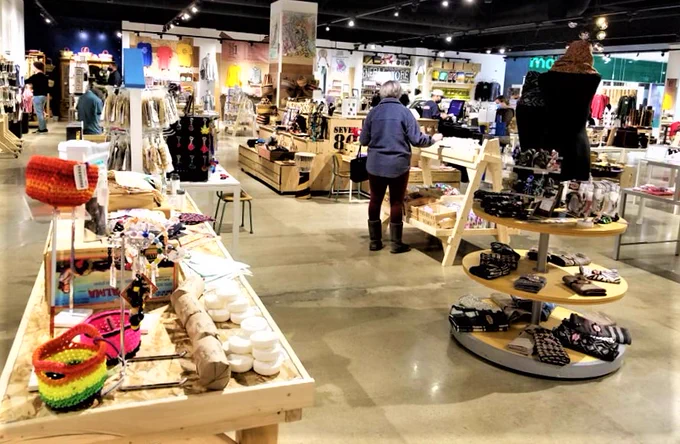 Interior of The Seven80 store, with accessories, socks, crafts, etc.