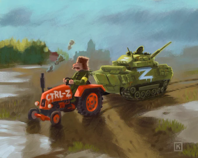 Russian tank marked with the letter Z being towed by a red Ukrainian tractor that has "ctrl-z" written on it.