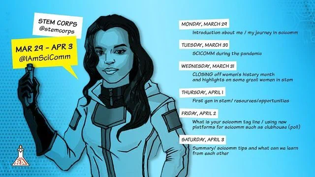 Schedule poster of Poornima Peiris' IAmSciComm hosting from March 29, 2021 to April 3, 2021.