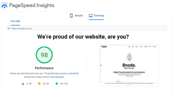 Google page speed insight score of 98 percent on the https://www.bode.co.uk website.