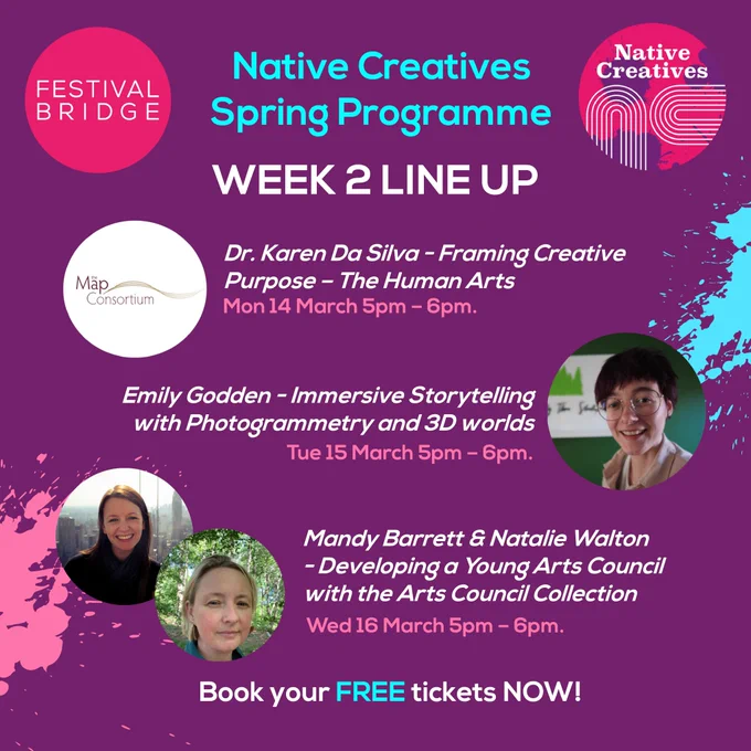 [Image Description: Dark purple poster with Festival Bridge’s Logo and Native Creative’s Logo, with neon paint splatter, continuous line drawing.]⁠