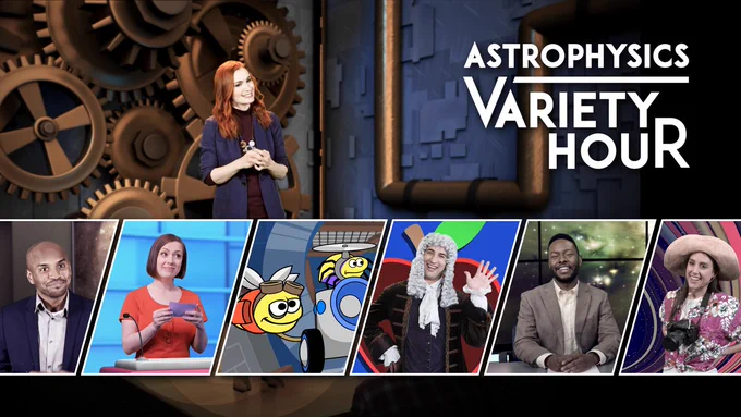A composite of six still images from the 35-minute Astrophysics Variety Hour, a series of educational videos on finding and characterizing exoplanets. The show features Felicia Day as the host, an original song by Rachel Bloom, segments featuring Wil Wheaton, and many other friends of NASA’s Universe of Learning. Longer segments (3-4 min.) are tied together with humorous channel-surfing interstitials. 