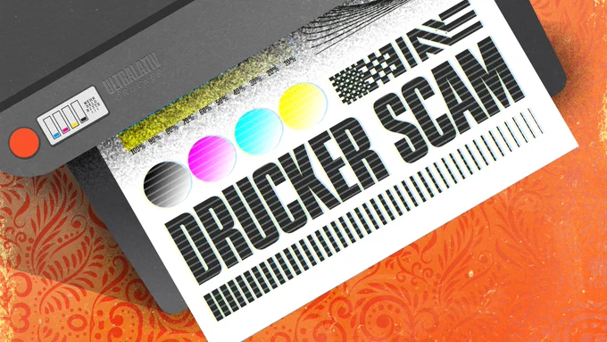 Ausgedruckte Testseite mit dem Schriftzug "Drucker Scam"