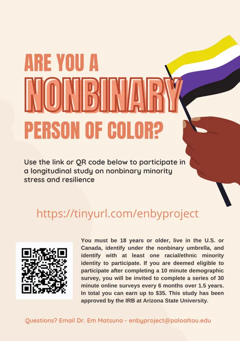 Are you a nonbinary person of color? Use the link or QR code to participate in a longitudinal study on nonbinary minority stress and resilience -  https://tinyurl.com/enbyproject