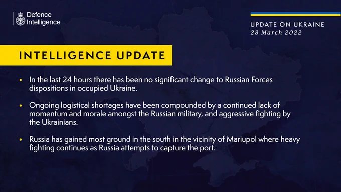 In the last 24 hours there has been no significant change to Russian Forces dispositions in occupied Ukraine. Ongoing logistical shortages have been compounded by a continued lack of momentum and morale amongst the Russian military, and aggressive fighting by the Ukrainians. Russia has gained most ground in the south in the vicinity of Mariupol where heavy fighting continues as Russia attempts to capture the port.