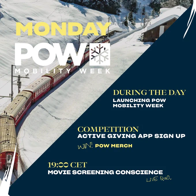 Welcome to day 1 of #powmobilityweek 

What's happening

Join our challenge to cut your travel emissions now! Sign up to Active Giving to track your travel, raise money for POW and be included in our prize draw. Tune in at 7pm CET tonight to watch the movie Conscience (with an introduction and live Q&A from one of the producers). 

Fact of the day: 
Emissions from transport are the biggest contribution to climate change from outdoor activities. They contribute up to 70% of emissions caused by outdoor enthusiasts, followed by equipment and gear

www.protectourwinters.eu/mobility-week/ 

#powmobility #powmobilityweek #protectourwinters #protectourwinterseurope #sustainabletravel #travel #mobility
