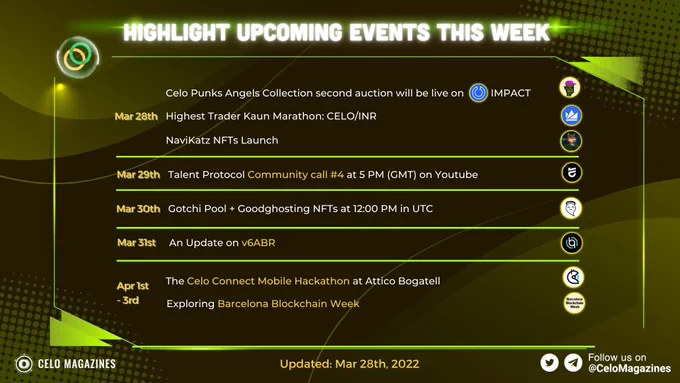 Highlight Upcoming Events This Week 

What notable events are taking place this week?
Let's explore them 

Detail events below 

#CeloMagazines #Celo #Upcoming #events #Celoconnect #BarcelonaBlockchainWeek 