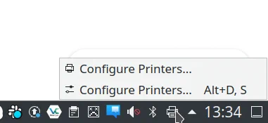 Task Bar Context Menu for Printer icon: two options both called Configure Printers... one with a printer icon, one with a settings icon, one with a keyboard shortcut