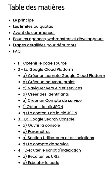 Capture d'écran de la tables des matières du tutoriel Node JS pour tester l'API d'indexation avec Google. 
