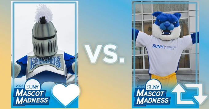 Bonus votes for round 2 of #SUNY #MascotMadness 2022. This is Region 1, Game 2. Like to vote for Victor E Knight of SUNY Geneseo. Retweet to vote for Walter Wildcat of SUNY Polytechnic Institute. 