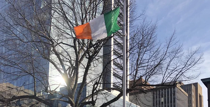 Photo of the Irish flag in Halifax's Grand Parade, from St. Patrick's Day 2021. 