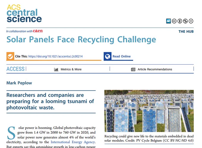 Headline of the article "Solar panels face a reccycling challenge" by ACS Publications. Full article on their website: https://pubs.acs.org/journal/acscii#
