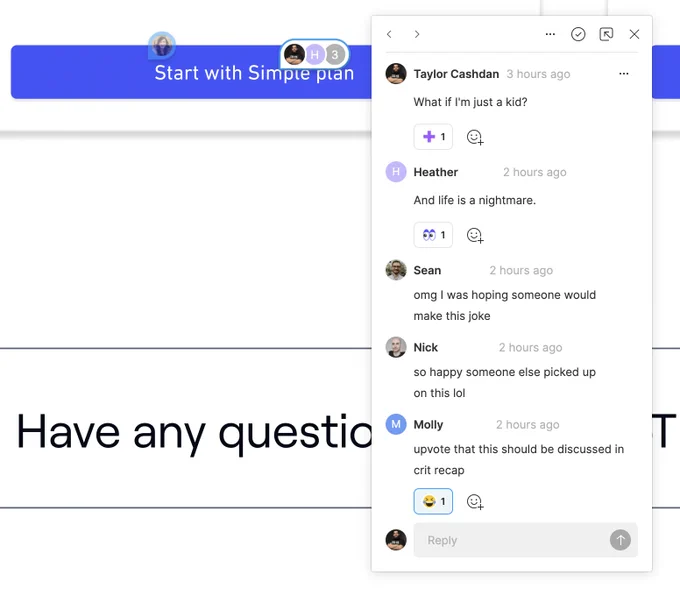 An image of a Figma file where we're jokingly making comments about a song by Simple Plan