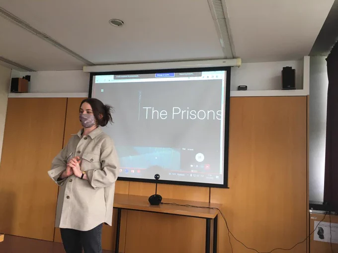 Sarah McDonagh. Presentation behind her: The Prisons website.