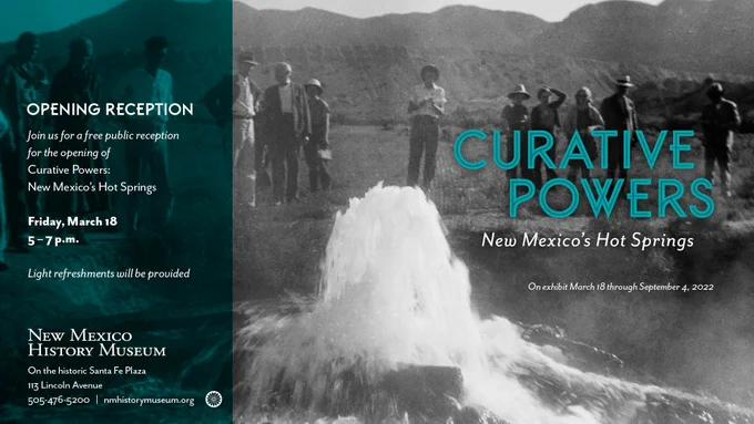 Black and white and teal graphic with a background vintage photo of  people standing around a "fountain" of water rising from the ground. Mountains run along the width of the photo in the distance.