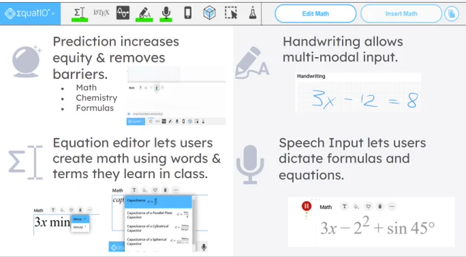 Image of EquatIO toolbar
1. Built-in Math, Chemistry, Formulas prediction increases equity and removes barriers.
2. Equation editor lets users create math using words & terms they learn in class. 
3. Handwriting recognition allows multi-modal input. 
4. Speech Input lets users dictate formulas and equations.