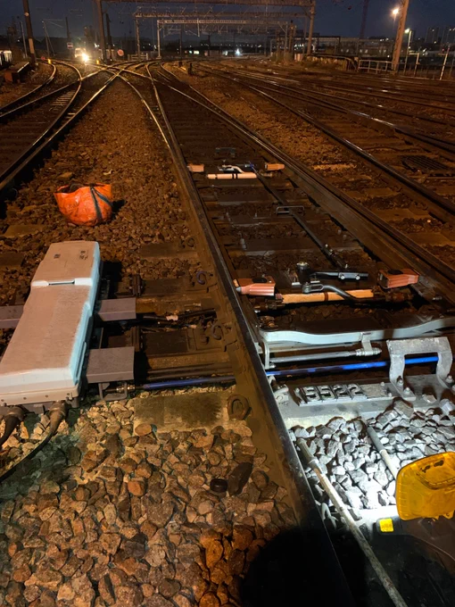 A photograph of a set of points in the track to the West of Leeds station after having had improvement work carried out.