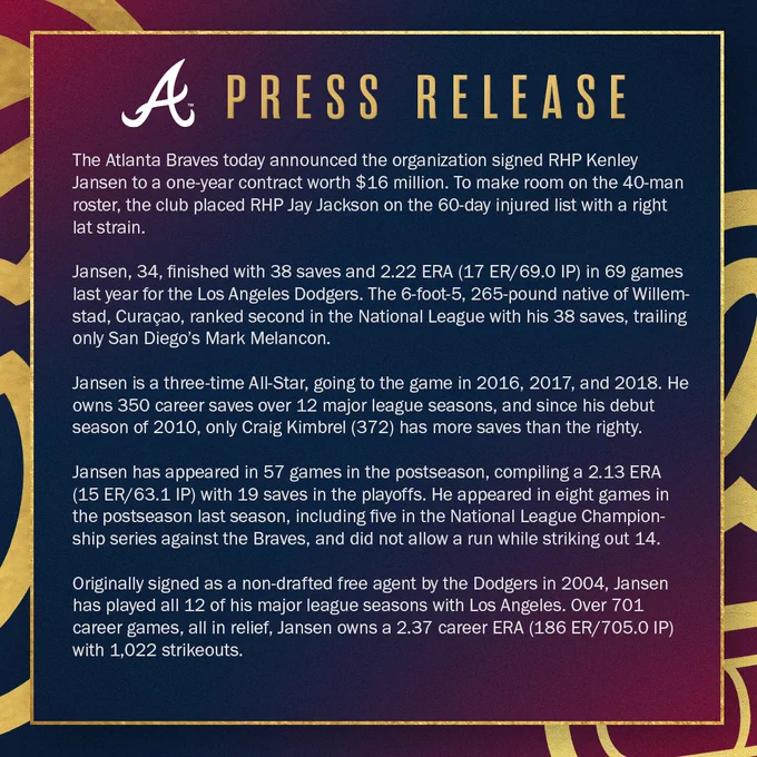 The Atlanta Braves today announced the organization signed RHP Kenley Jansen to a one-year contract worth $16 million. To make room on the 40-man roster, the club placed RHP Jay Jackson on the 60-day injured list with a right lat strain.

Jansen, 34, finished with 38 saves and 2.22 ERA (17 ER/69.0 IP) in 69 games last year for the Los Angeles Dodgers. The 6-foot-5, 265-pound native of Willemstad, Curaçao, ranked second in the National League with his 38 saves, trailing only San Diego’s Mark Melancon.

Jansen is a three-time All-Star, going to the game in 2016, 2017, and 2018. He owns 350 career saves over 12 major league seasons, and since his debut season of 2010, only Craig Kimbrel (372) has more saves than the righty.

