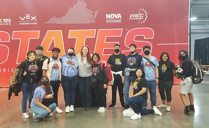 Picture of Freedom High School Robotics team: Team 881E- Nneka Igbedior, Yessenia Rojas, Nishat Ahmed, Kimberly Orellana-Soza  (A.K.A Kie), Susana Moreno Martinez and Team 881C - Andres Villanueva Ambriz , Maeghan Colby-Correa, Daniel Gomez Villalta 
Angel Brizuela Cordova, Danitza Orozco, Rebekah Vallejo 
Ms. Nena Sobrio, CTE Teacher and Robotics Coach/Sponsor