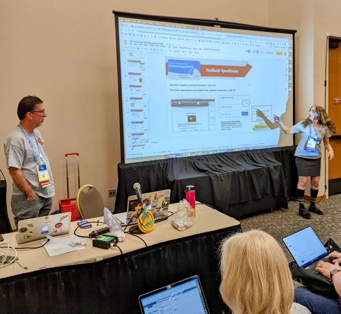 Photo of Andrea Earl and Chris Miraglia presenting at the Spring 2022 CUE Conference about Canvas LMS and UDL!