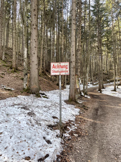 A signpost in the middle of woodlands indicating a national border