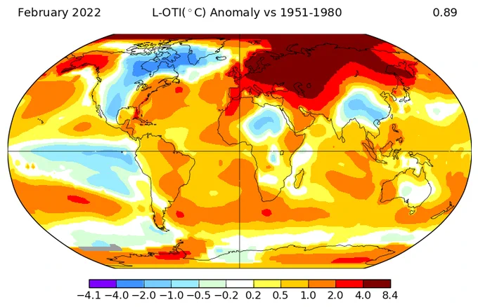 A flat map of the February 2022 global average temperature, showing the most warming in Siberia