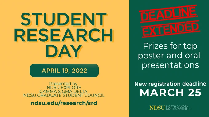 NDSU Student Research Day, April 19, 2022. Deadline to register extended
